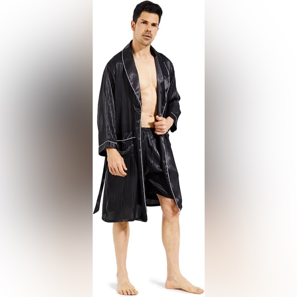 New Mens Silky Pajama Robe Short Set w/ 2 Pockets Multiple Sizes
